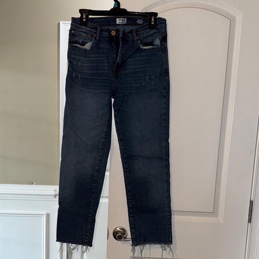Kensie Blue Distressed High-Rise Slim Straight Jeans